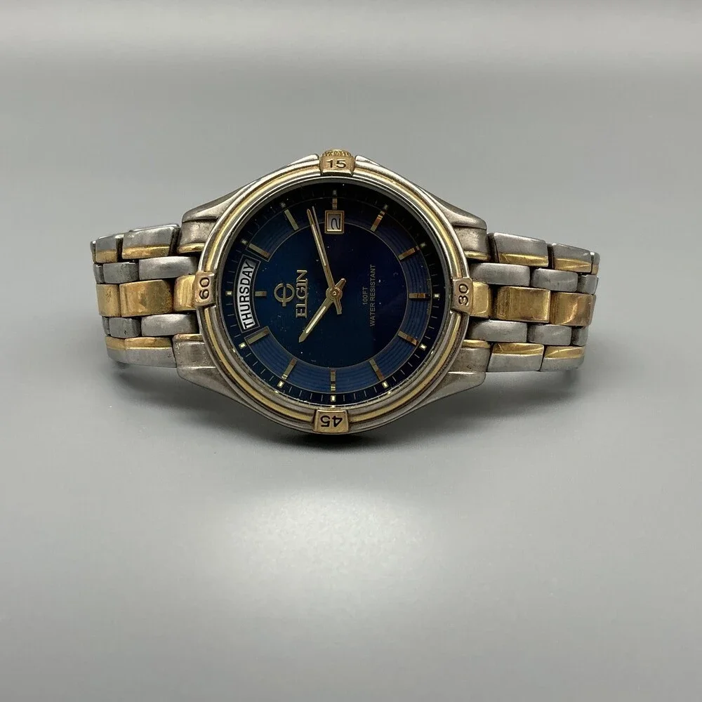 Vtg Elgin FCM215 Mens Watch 38mm Blue Dial Two Tone Day Date New Battery 7.25